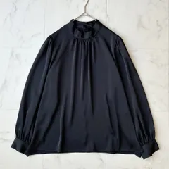 a0020 美品✨《グリーンレーベルリラクシング》スタンドネックギャザーサテンブラウス　紺