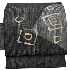 【美品】 名古屋帯 秀品 夏帯 幾何学模様 箔 黒 正絹 【中古】