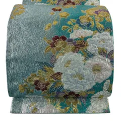 【美品】 袋帯 秀品 牡丹 桜 箔 金糸 緑 六通 正絹 【中古】