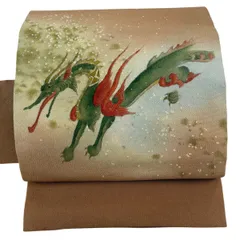 名古屋帯 逸品 龍 縮緬 ぼかし 茶色 正絹 【中古】のサムネイル
