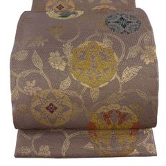 【総刺繍級】上質 袋帯 グレージュ 金糸 くすみカラー 花丸文 柔らか 軽量 総刺繍級】上質 袋帯 グレージュ 金糸 くすみカラー 花丸文 柔らか