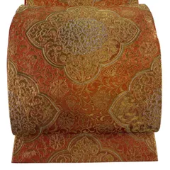 【美品】 袋帯 逸品 龍村晋 落款 振袖向き 華文 花唐草 金銀糸 箔 オレンジ 全通 正絹 【中古】のサムネイル