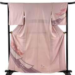 付下げ 身丈161cm 裄丈65.5cm M 袷 桜 花唐草 刺繍 絞り ピンク 正絹 優品 【中古】