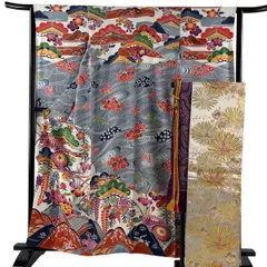 【美品】 振袖 身丈159cm 裄丈63cm S 袷 袋帯フルセット 草花 鶴 灰色 正絹 名品 【中古】