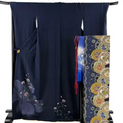 振袖 身丈170.5cm 裄丈70cm L 袷 袋帯フルセット 百合 金銀彩 紺色 正絹 秀品 【中古】