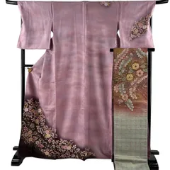 【美品】 付下げ 身丈167cm 裄丈69.5cm L 袷 翠山工房 袋帯セット やまと 落款 辻が花 銀通し 金彩 紫 正絹 名品 【中古】のサムネイル