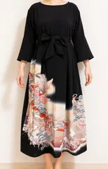 一点物 着物リメイク ロングワンピース ドレス 黒留袖 正絹 作家物 落款 花鳥文