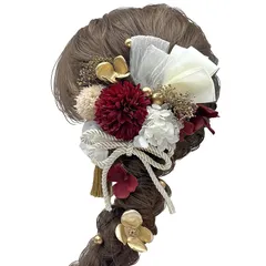 【新品】 髪飾り 成人式 前撮り 二次会 卒業式 入学式 マム カスミ草 リボン ドライフラワー 振袖 袴 ウェディング 結婚式 和装 ゴールドフラワー 組紐 ホワイト ピンク レッド シルバー ロープ ヘアアレンジ ハーフアップ ロングヘア A25100 1