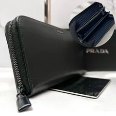◇極美品◇プラダ　サフィアーノレザー長財布　ロゴ金具　ブラック×ネイビー