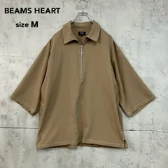 BEAMS HEART ビームスハート M ハーフジップ プルオーバー シャツ ベージュ 半袖 五分袖 ワイド シルエット オーバーサイズ ドロップショルダー ステッチ デザイン カットソー トップス 42-01-0182-147 ★ ■◆