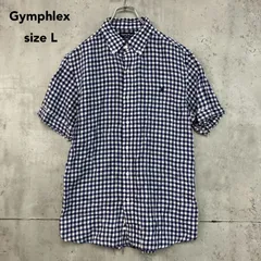 Gymphlex ジムフレックス L ネイビー ホワイト 紺 白 半袖 シャツ ボタンダウン BD ギンガムチェック フレンチリネン ロゴ 刺繍 ワンポイント トップス カジュアル 爽やか 定番 希少 ★ ■◆