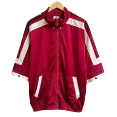 adidas アディダス トレフォイル ロゴ刺繍 トラックジャケット ジャージ 半袖 赤 ワインレッド×白×黒 Lサイズ No.P513