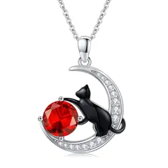 [StoryMidir] 猫 ネックレス 7月 誕生石 ペンダント 赤い シルバー925 金属アレルギー対応 ネコ 可愛い ペンダント 月 アニマル 黒猫 チェーン付き 45+5cm ねこ アクセサリー ジュエリー 女性 贈り物 ギフト 誕生日 プレゼント 0