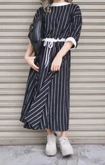 Waist Ribbon Pinstripe Long Onepiece（black）のサムネイル