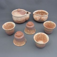 備前焼 石田安弘 煎茶五客セット 宝瓶 湯冷まし 茶杯 茶托 茶匙 共箱