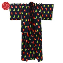 【中古】 着物セット アンサンブル ウール ネイビー マルチカラー 羽織紐つき バチ襟 和装 呉服 和服 きもの レディース 女性