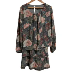 美品 INGEBORG インゲボルグ 千鳥格子 フラワープリント レイヤードワンピース A2264FBY351 サイズ3 グレー レディース 古着 中古 USED