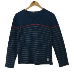 アーバンリサーチ URBAN RESEARCH Tシャツ カットソー プルオーバー Vネック ボーダー 刺繍 長袖 38 青 グレー ブルー