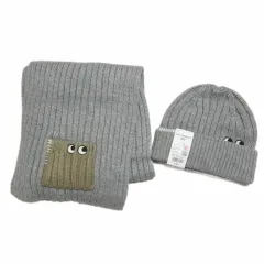 ユニクロ UNIQLO アニヤハインドマーチ タグ付き 23AW ヒートテック ニットマフラー ニットビーニー 2点セット 帽子 刺繡 ONE SIZE ライトグレー /X
