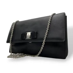 Salvatore Ferragamo フェラガモ ヴァラ リボン レザー チェーン ショルダーバッグ AU-21 ブラック シルバー金具 K12