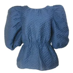 ザラ ZARA 美品 テクスチャー パフスリーブ ブラウス プルオーバー 5分袖 ペプラム バックリボン M 170/88A 紺 ネイビー /X