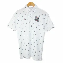 フィラ FILA GOLF 美品 ボタンダウン ポロシャツ ゴルフウェア 飛び柄 半袖 アップリケ M 白 ホワイト /X