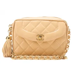 CHANEL シャネル マトラッセ ココマーク フリンジ付き ビジューチェーンショルダー ラムスキン ベージュ（ゴールド金具）レディースバッグ ハイブランド【中古】【送料無料】