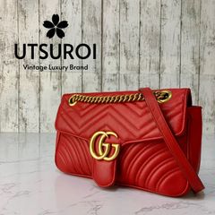 美品】 グッチ GGマーモント キルティング トートバッグ 赤 チェーン