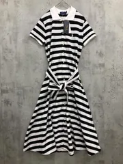 展示品■POLO RALPH LAUREN ポロ ラルフローレン 211806101001 ポニー刺繍 ボーダー リボン付き ワンピース sizeXXS/白/黒 ■◆◎レディース