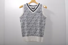 中古 レディース アンパスィ and per se ベスト M 白×紺 Vネック ニット ストライプ ランプ柄