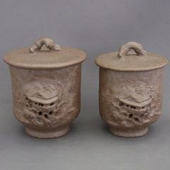 新品】【稀少】楽山焼 蟹 蓋付き湯呑み 信楽焼 砥部焼 作家物 ペア