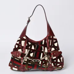 極美品 GUCCI グッチ 85周年記念 ホースビット ホーボー ワンショルダーバッグ 163804 2123 レッド マルチカラー ベロア レザー シルバー金具 中古 4a001095