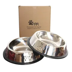 THAIN ペットボウル お皿 犬 猫 ペット用 ステンレス製 こぼれにくい 餌入れ 水入れ 滑り止め 犬食器 猫皿 可愛い肉球柄 2点セット (L) 1