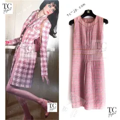 シャネル ワンピース CHANEL ピンク チェック コットン ノースリーブ ココ ボタン カール・ラガーフェルド 美品 日本9号 38