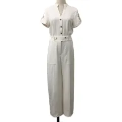 ザラ ZARA オールインワン サロペット ワイド ロング センターシーム ベルト 無地 半袖 USA XS 白 ホワイト