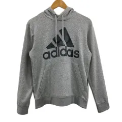 アディダス adidas パーカー スウェット プルオーバー ロゴ プリント 杢 長袖 L グレー 黒 ブラック