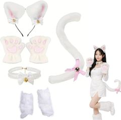 Cicogna 고양이 코스프레 소품 7점 세트 고양이 귀 카츄샤 레그 커버 의상 흰 고양이 검은 고양이 귀여운 할로윈 가장 의상 푹신푹신 모코모코 목걸이 꼬리 육구 장갑 (화이트, Free Size)
