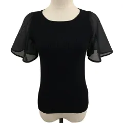 ロペピクニック ROPE Picnic カットソー ニット プルオーバー クルーネック 切替 リブ シアー 透け感 無地 ナイロン 半袖 38 黒 ブラック