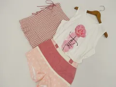 evelyn等 カットソー+パンツ+スカート コーデ3点セット S 白地 ピンク バラ＆英字プリント ピンク 花 白 ピンク ギンガムチェック ガーリー系 10代