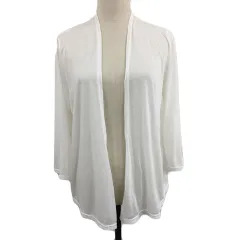 グローブ grove カーディガン ニット 前開き トッパー シアー 透け感 無地 ギャザー 長袖 L 白 ホワイト