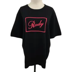 レディ Rady セーター ニット ラウンドネック プルオーバー ロゴ 五分袖 L 黒 ピンク ブラック