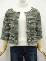 ベルシュカ Bershka COLLECTION 洗える五分袖 ノーカラージャケット L グリーンカーキ ブラウン グレー系 迷彩柄
