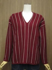 美品 ショコラフィネローブ chocol raffine robe 洗えるドロップショルダー 長袖 Vネック ニットカットソー F ボルドー オフホワイト 黒 ストライプ柄  中古