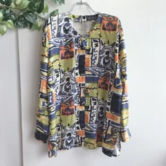 極美品✨ 柄シャツ ノーカラー 幾何学模様 総柄 長袖 シルク 絹 100 マルチカラー 配色 アート 派手柄 ゆったり 大きめ 薄手 軽量 上品 きれいめ オフィス カジュアル インポート アンド セレクト import ＆ selectのサムネイル