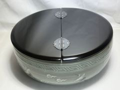 送料込【逢絢亭】茶道具 平水指 萬古焼 青交趾 荒磯の図 割蓋付 加賀瑞山 共箱 送料込【逢絢亭】茶道具 平水指 萬古焼 青交趾 荒磯の図 割蓋付 加賀瑞