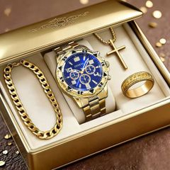 4点セット】メンズ腕時計 クォーツ時計 アクセサリーセット ゴールド 