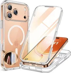 Miracase iPhone17pro ケース MagSafe対応 スマホケース いPhone17pro 用 カバー 9H 強化ガラス 360°保護 全身バンパー保護ケース 6.3インチ フルカバー ワイヤレス充電対応 マグセーフ対応 マグネット搭載 クリア