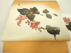 平和屋着物●塩瀬　九寸名古屋帯　作家物　手描き　葡萄蔦の葉文　金彩　正絹　逸品　DAAY1299ps