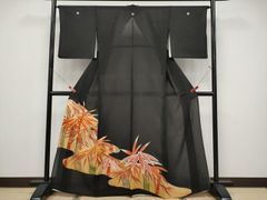 平和屋着物＊夏物　黒留袖　絽　駒刺繍　笹竹文　金彩　洗える着物　CABF2510tx 平和屋着物＊夏物 黒留袖 絽 駒刺繍 笹竹文 金彩 洗える着物