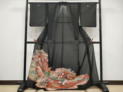 平和屋着物○本場大島紬 流水花文 黒地 正絹 逸品 未使用 AABH4656fy